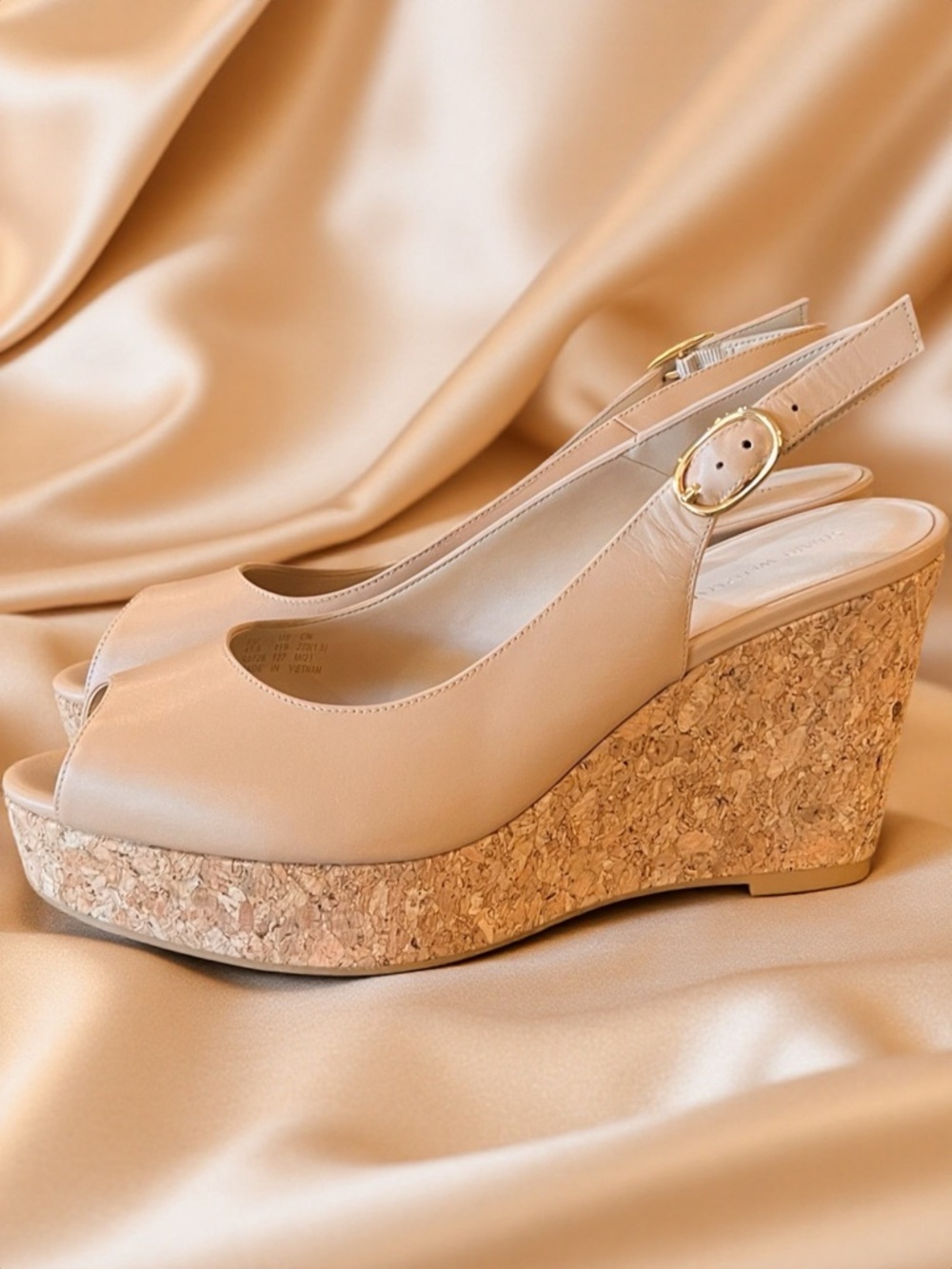 Stuart Weitzman Nude Rinna Cork Wedge Slingback Peep-Toe Sandals